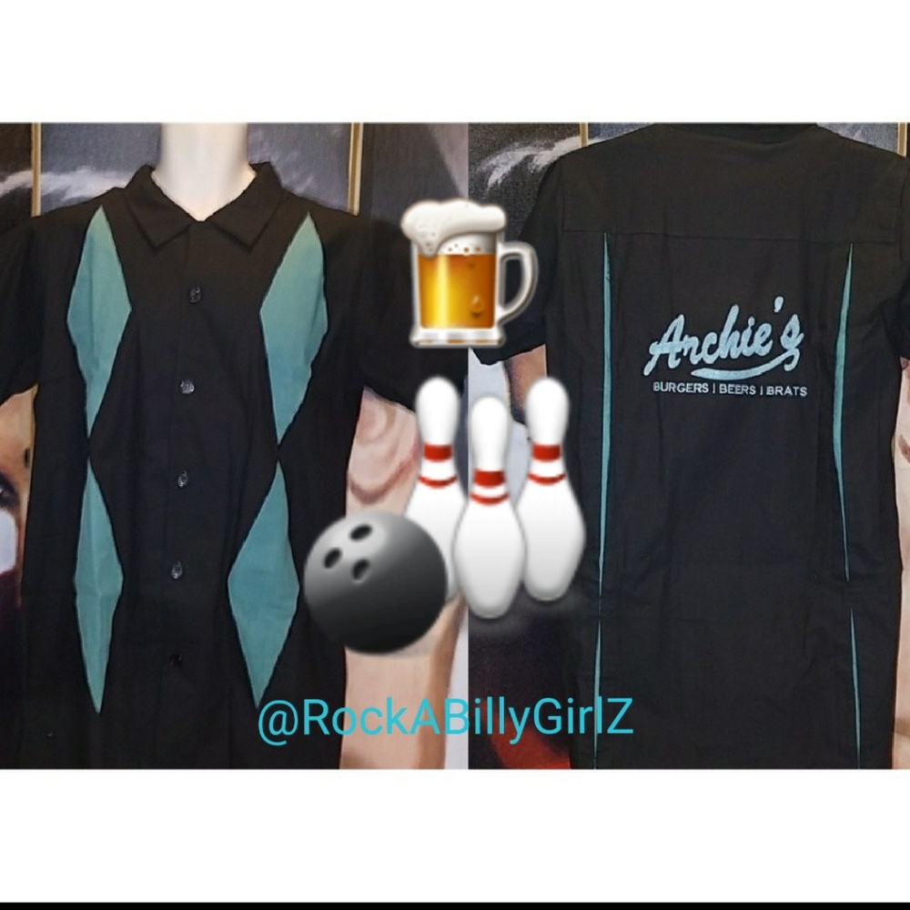 Tatyana Retro Bowling Shirt Blue Panels Embroidery Archie's Burgers Beers Brats